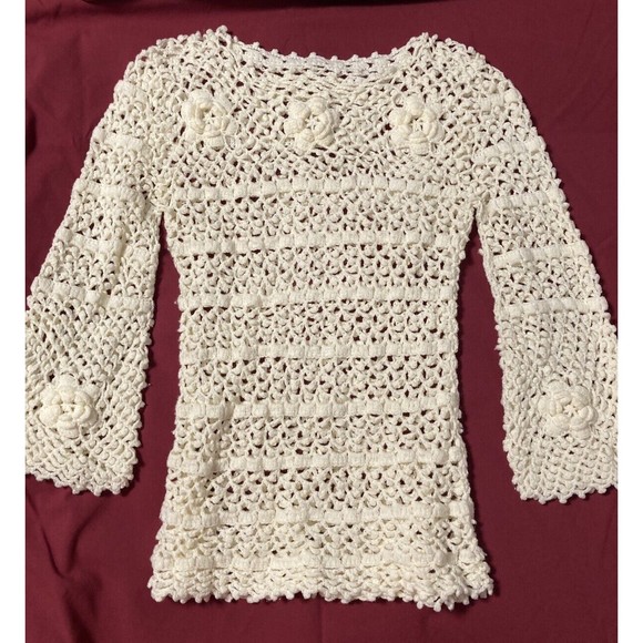 Unbranded Tops - Cream Open Knit Crochet Boho Top Sm Med Bell Sleeve Sweater Stretchy